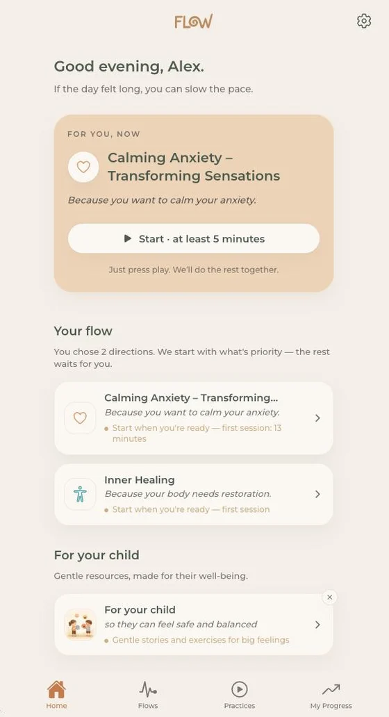 The Home screen of the Flow Balance app, with the sessions recommended for today.